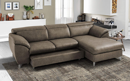 Dafne Italian Design Divano Letto angolare 3 posti con penisola a Destra. Tessuto Tay Tay Toffee (cm. 269 x 175 x 94h)