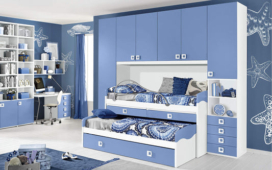 Dafne Italian Design Cameretta Completa a Ponte - Bianco, Avio (Triplo Letto Singolo e Armadio) (cm. 300 x 96 x 259h)