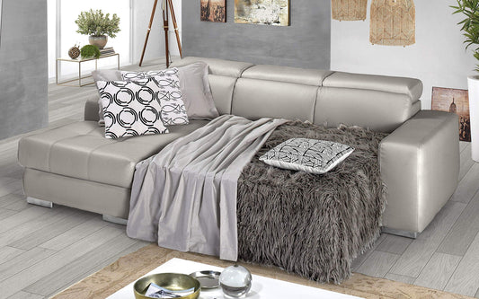 Dafne Italian Design Divano Letto angolare 3 posti con penisola a Sinistra. Similpelle Light Grey (cm. 259 x 178 x 94h)