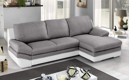 Dafne Italian Design Divano Letto angolare 2 posti con penisola a Destra. Similpelle Bianco, Tessuto Grigio (cm. 271 x 166 x 91h)