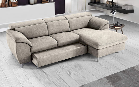 Dafne Italian Design Divano Letto angolare 3 posti con penisola a Destra. Tessuto Romeo Ecru (cm. 269 x 175 x 94h)