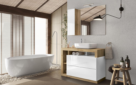 Dafne Italian Design Mobile da bagno Amby finitura bianco lucido e rovere cm 110x47x90 (base, lavabo, specchio, pensile)