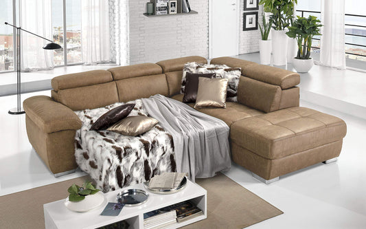 Dafne Italian Design Divano Letto angolare 3 posti con penisola a Destra. Tessuto Tay Tay Camel (cm. 285 x 245 x 97h)