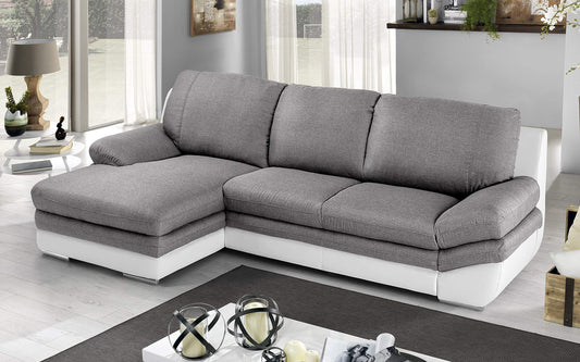 Dafne Italian Design Divano Letto angolare 2 posti con penisola a Sinistra. Similpelle Bianco, Tessuto Grigio (cm. 271 x 166 x 91h)