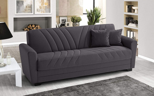 Divano 3 posti in tessuto lavabile antracite - 220 x 88 x 83h cm., vano contenitore, trasformabile in letto una piazza e mezza
