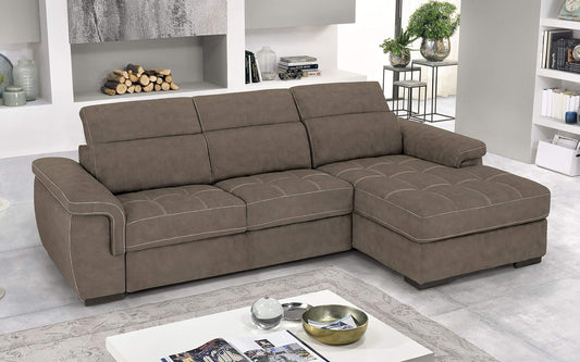 Dafne Italian Design Divano Letto angolare 3 posti con penisola a Destra. Similpelle Effetto Nabuk Elephant (cm. 287 x 176 x 96h)