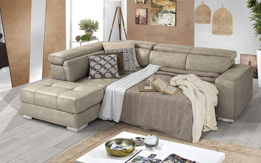 Dafne Italian Design Divano Letto angolare 3 posti con penisola a Sinistra. Tessuto Tay Tay Sand (cm. 266 x 230 x 94h)