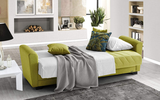 Divano 3 posti in tessuto lavabile verde - 220 x 88 x 83h cm., vano contenitore, trasformabile in letto una piazza e mezza