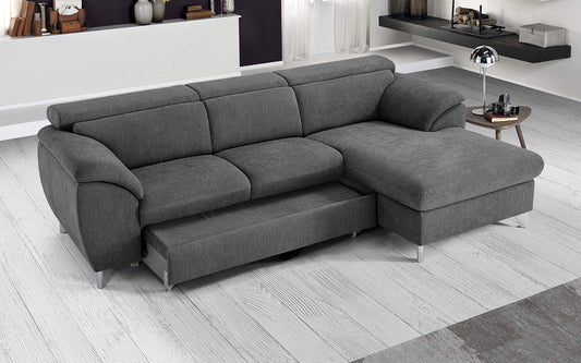 Dafne Italian Design Divano Letto angolare 3 posti con penisola a Destra. Tessuto Romeo Fumo (cm. 269 x 175 x 94h)