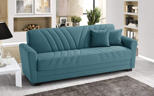 Divano 3 posti in tessuto lavabile turchese - 220 x 88 x 83h cm., vano contenitore, trasformabile in letto una piazza e mezza