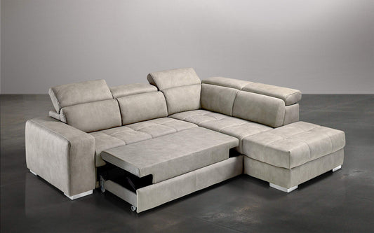 Dafne Italian Design Divano Letto angolare 3 posti con penisola a Destra. Similpelle Effetto Nabuk Light Grey (cm. 266 x 230 x 94h)