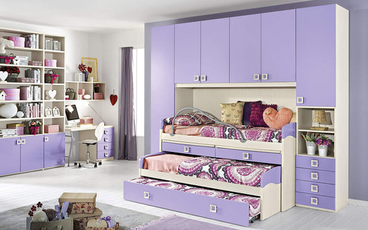 Dafne Italian Design Cameretta Completa a Ponte - Effetto Betulla, Malva (Triplo Letto Singolo e Armadio) (cm. 300 x 96 x 259h)