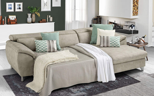 Dafne Italian Design Divano Letto angolare 3 posti con penisola a Destra. Similpelle Effetto Nabuk Light Grey (cm. 269 x 175 x 94h)