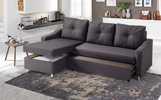 Dafne Italian Design Divano Letto angolare 2 posti con penisola a Sinistra. Tessuto oyem Antracite (cm. 231 x 154 x 90h)