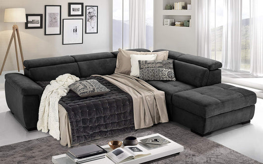 Dafne Italian Design Divano Letto angolare 3 posti con penisola a Destra. Tessuto Romeo Nero (cm. 282 x 242 x 96h)