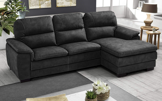 Dafne Italian Design Divano angolare 3 posti con penisola a Destra. Similpelle Effetto Nabuk Nero (cm. 275 x 158 x 94h)