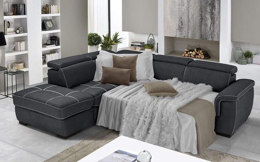 Dafne Italian Design Divano Letto angolare 3 posti con penisola a Sinistra. Similpelle Effetto Nabuk Grafite (cm. 282 x 242 x 96h)