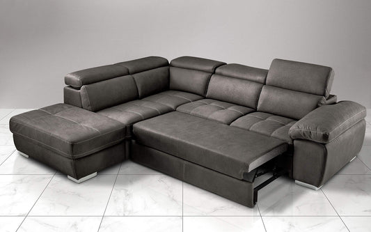 Dafne Italian Design Divano Letto angolare 3 posti con penisola a Sinistra. Similpelle Effetto Nabuk Granit Grey (cm. 285 x 245 x 97h)