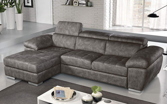 Dafne Italian Design Divano Letto angolare 3 posti con penisola a Sinistra. Similpelle Effetto Nabuk Granit Grey (cm. 265 x 182 x 97h)