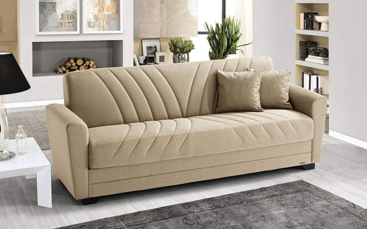 Divano 3 posti in tessuto lavabile beige - 220 x 88 x 83h cm., vano contenitore, trasformabile in letto una piazza e mezza