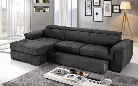 Dafne Italian Design Divano Letto angolare 3 posti con penisola a Sinistra. Tessuto Romeo Nero (cm. 287 x 176 x 96h)