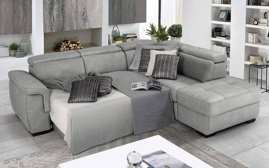 Dafne Italian Design Divano Letto angolare 3 posti con penisola a Destra. Similpelle Effetto Nabuk Grigio Ash (cm. 282 x 242 x 96h)