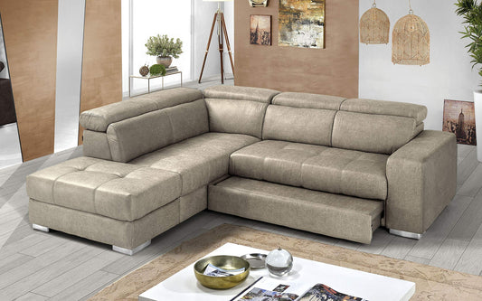 Dafne Italian Design Divano Letto angolare 3 posti con penisola a Sinistra. Tessuto Tay Tay Sand (cm. 266 x 230 x 94h)