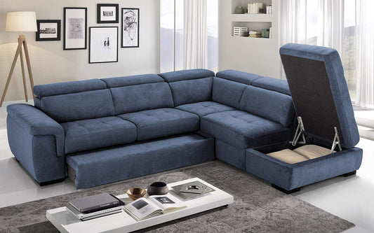 Dafne Italian Design Divano Letto angolare 3 posti con penisola a Destra. Tessuto Romeo Denim (cm. 282 x 242 x 96h)