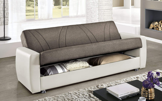 Dafne Italian Design Divano Letto 3 posti. Similpelle Avorio, Tessuto caffè (cm. 225 x 87 x 92h)
