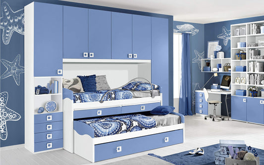 Dafne Italian Design Cameretta Completa a Ponte - Bianco, Avio (Triplo Letto Singolo e Armadio) (cm. 300 x 96 x 259h)