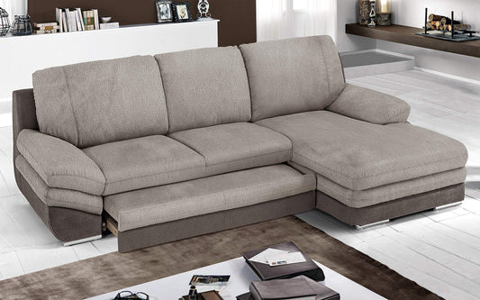 Dafne Italian Design Divano Letto angolare 2 posti con penisola a Destra. Tessuto Terra, Fango (cm. 271 x 166 x 91h)