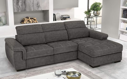 Dafne Italian Design Divano Letto angolare 3 posti con penisola a Destra. Similpelle Effetto Nabuk Granit Grey (cm. 287 x 176 x 96h)