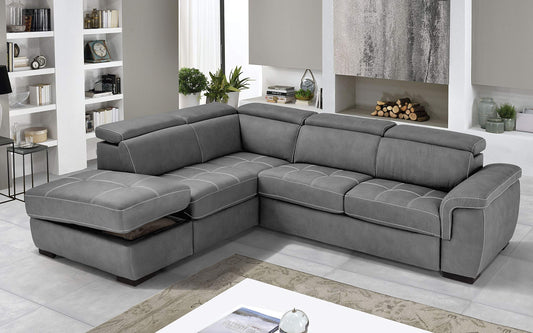 Dafne Italian Design Divano Letto angolare 3 posti con penisola a Sinistra. Similpelle Effetto Nabuk Cenere (cm. 282 x 242 x 96h)