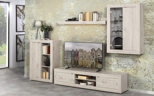 Dafne Italian Design Mobile da soggiorno moderno Urby colore rovere beige: base tv cm. 184x42x42; un pensile vetrina sospesa cm. 78x30x113; una mensola sospesa cm. 138x19x16; una madia cm. 78x35x114