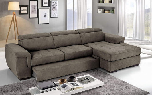 Dafne Italian Design Divano Letto angolare 3 posti con penisola a Destra. Tessuto Romeo Marrone Chiaro (cm. 287 x 176 x 96h)