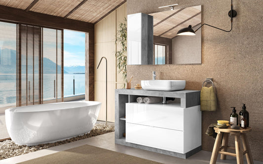 Dafne Italian Design Mobile da bagno Amby finitura bianco lucido e grigio cemento cm 110x47x90 (base, lavabo, specchio, pensile)