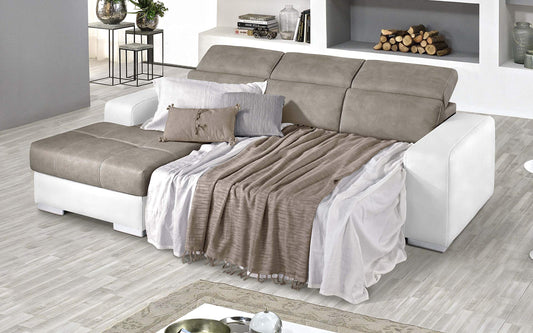 Dafne Italian Design Divano Letto angolare 3 posti con penisola a Sinistra. Similpelle Bianco, Similpelle Effetto Nabuk Talpa (cm. 259 x 178 x 94h)