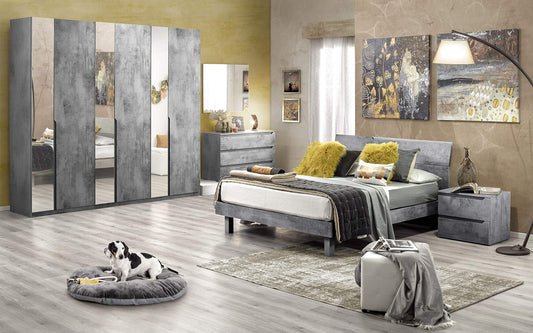 Dafne Italian Design Camera Completa - Cemento Grey (Letto Matrimoniale, Armadio, Comodino, Specchiera, Comò)