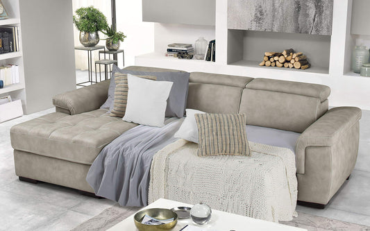 Dafne Italian Design Divano Letto angolare 3 posti con penisola a Sinistra. Similpelle Effetto Nabuk Light Grey (cm. 287 x 176 x 96h)