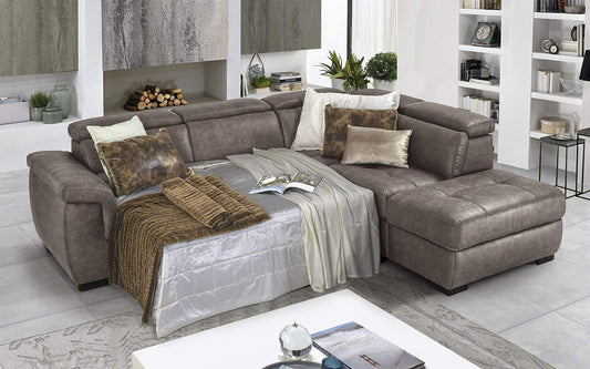Dafne Italian Design Divano Letto angolare 3 posti con penisola a Destra. Tessuto Tay Tay Elephant (cm. 282 x 242 x 96h)