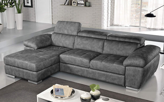Dafne Italian Design Divano Letto angolare 3 posti con penisola a Sinistra. Similpelle Effetto Nabuk Cenere (cm. 265 x 182 x 97h)
