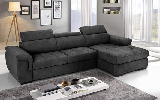 Dafne Italian Design Divano Letto angolare 3 posti con penisola a Destra. Tessuto Romeo Nero (cm. 287 x 176 x 96h)