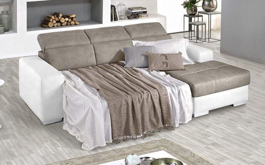 Dafne Italian Design Divano Letto angolare 3 posti con penisola a Destra. Similpelle Bianco, Similpelle Effetto Nabuk Talpa (cm. 259 x 178 x 94h)