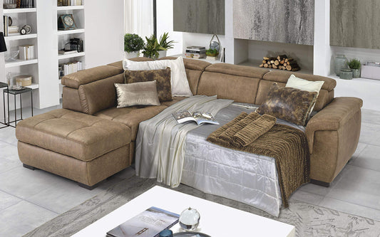 Dafne Italian Design Divano Letto angolare 3 posti con penisola a Sinistra. Tessuto Tay Tay Camel (cm. 282 x 242 x 96h)