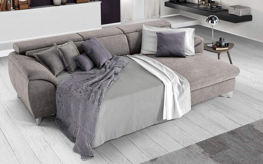 Dafne Italian Design Divano Letto angolare 3 posti con penisola a Destra. Tessuto Romeo Platino (cm. 269 x 175 x 94h)