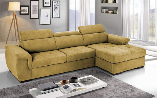 Dafne Italian Design Divano Letto angolare 3 posti con penisola a Destra. Tessuto Romeo Senape (cm. 287 x 176 x 96h)