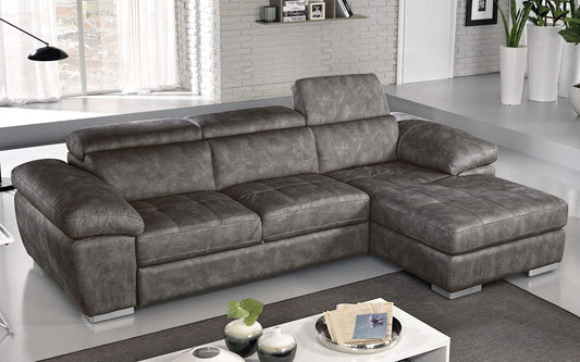 Dafne Italian Design Divano Letto angolare 3 posti con penisola a Destra. Similpelle Effetto Nabuk Granit Grey (cm. 265 x 182 x 97h)