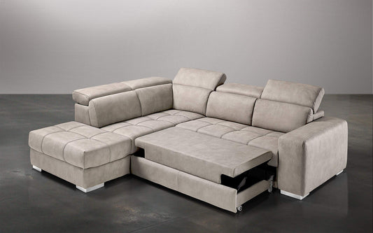 Dafne Italian Design Divano Letto angolare 3 posti con penisola a Sinistra. Similpelle Effetto Nabuk Beige (cm. 266 x 230 x 94h)