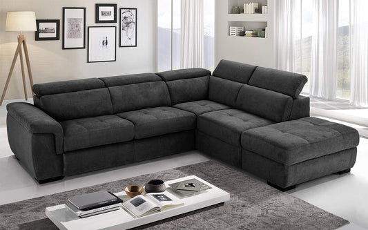 Dafne Italian Design Divano Letto angolare 3 posti con penisola a Destra. Tessuto Romeo Nero (cm. 282 x 242 x 96h)