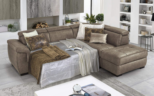 Dafne Italian Design Divano Letto angolare 3 posti con penisola a Destra. Tessuto Tay Tay Toffee (cm. 282 x 242 x 96h)
